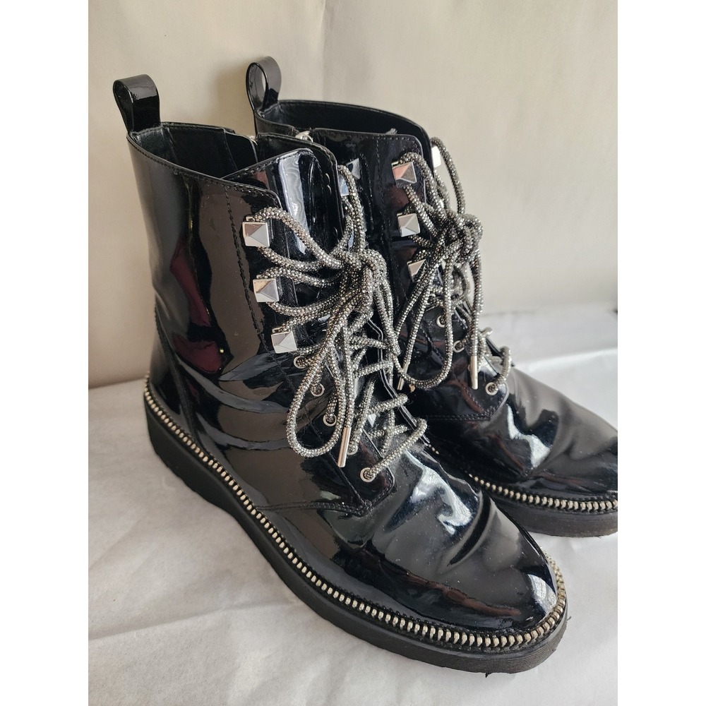 Michael Kors Black Patent Leather Combat Boots Rhinestone Laces Zipper Trim 8.5M
